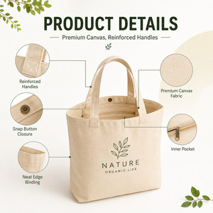 Custom Printed Cotton <b>Canvas</b> Shopper <b>Bag</b> with Reinforced Handles Snap Closure and Multiple Size Options - Product Image 2