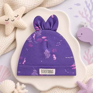 BOHOPANNA Gorro morado para bebé con orejas de conejo y estampado de vida marina, transpirable para bebés y niñas, talla única - Product Image 1