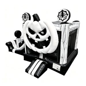Château gonflable d'Halloween gothique en forme de citrouille, noir et blanc, avec toboggan et toile d'araignée, pour usage commercial - Product Image 3