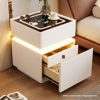 Mesa de Noche Levitante para Dormitorio, Nueva, de Madera Maciza con Acabado en Cuero, Diseño Minimalista Moderno, Compacta e Inteligente con Cargador