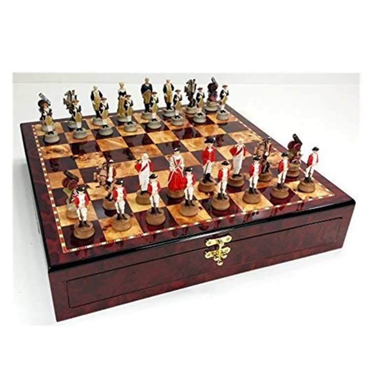 Полирезиновый/полирезиновый набор шахматных фигур американской революционной войны с высоким блеском, доска для хранения цвета вишни и бурлвуда 17 дюймов, независимость