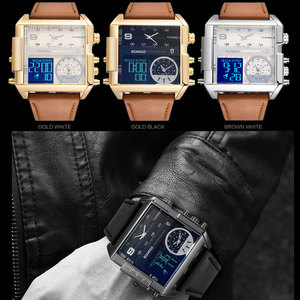 <span class=keywords><strong>BOAMIGO</strong></span>-relojes deportivos para hombre, pulsera de cuarzo de cuero, LED, con logo personalizado, 3 zonas horarias - Product Image 4