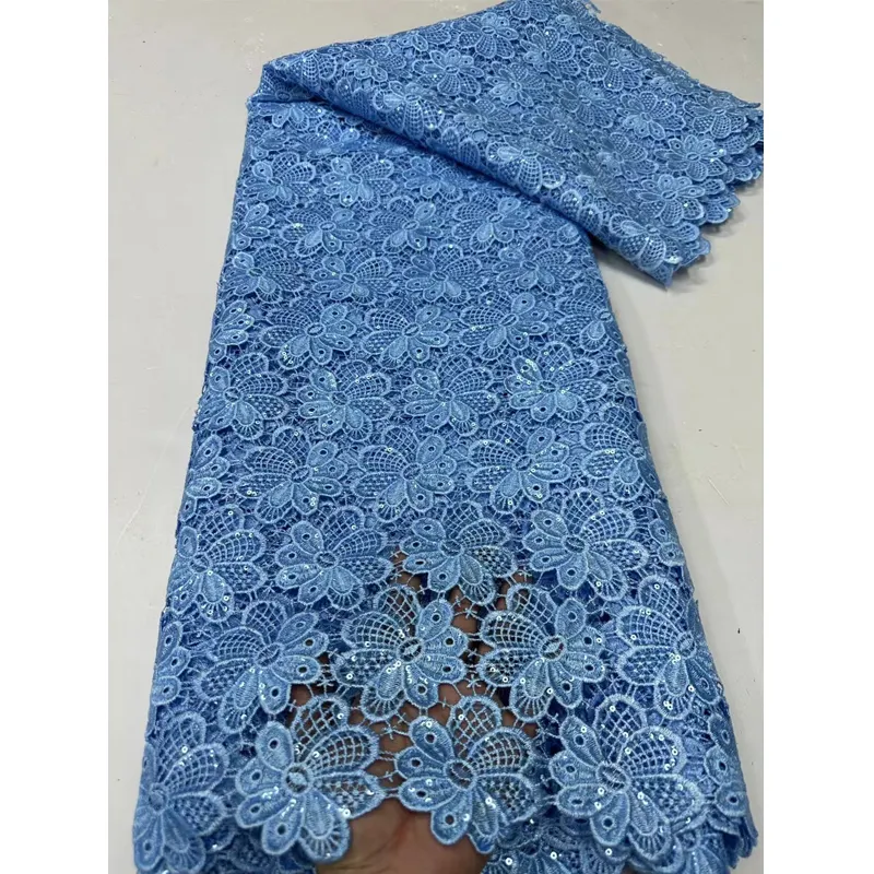 Hotsale embroidery african cord lace fabric with sequins 100% polyester guipure lace cord lace for party