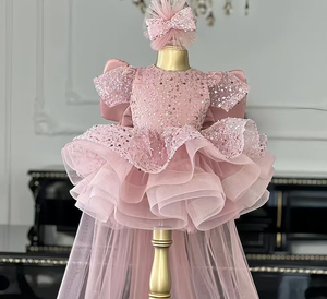 Abito da Cerimonia Elegante di Lusso per Bambine da 1 a 12 Anni, Manica Corta con <span class=keywords><strong>Farfalla</strong></span> e Strascico Lungo, <span class=keywords><strong>Vestito</strong></span> da Damigella con Fascia per Capelli, Vendita all'Ingrosso 2026 - Product Image 3
