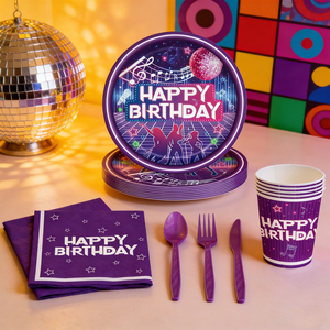 616364 Ensemble de fête d'<span class=keywords><strong>anniversaire</strong></span> rétro disco sorcière 168 pièces - <span class=keywords><strong>Kit</strong></span> de vaisselle néon années 80 « Joyeux <span class=keywords><strong>Anniversaire</strong></span> » - Product Image 1