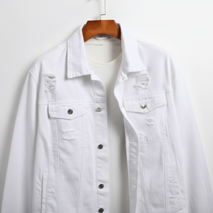 Prendas de abrigo Blanco Japonés Premium Ripped Denim Jean White Jean Jacket Top para hombres - Product Image 1
