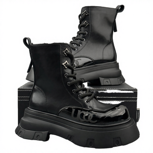 Thick Soled Short Boots Men's 2025 Winter New Ankle <b>Bootie</b> Lace-Up Genuine Leather Fashion Versatile Height Increasing Black - Product Image 4