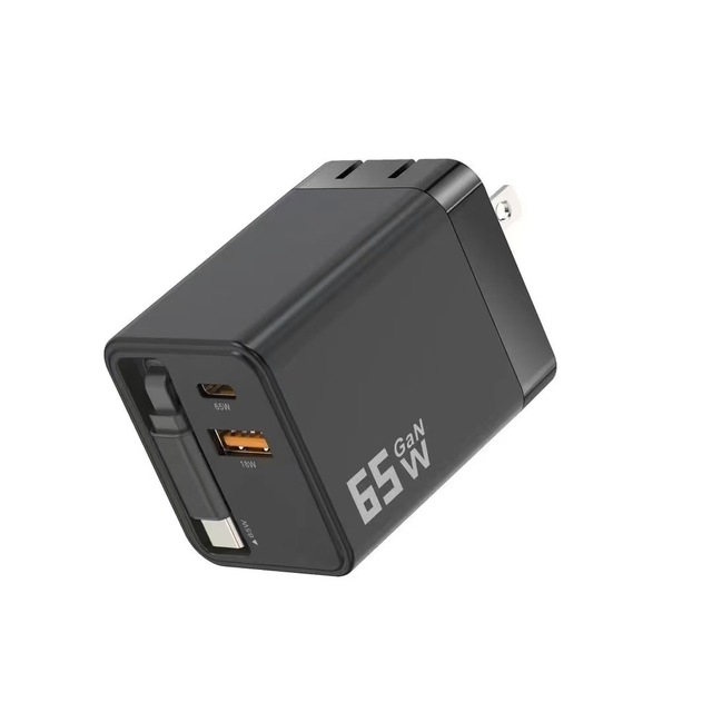 65W GaN Charger With Retractable Cable QC4.0 3.0 PD Type C Fast Charger Fast Charging for Mobile Phone