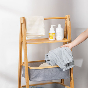 Three Layer Folding Bamboo Wood Storage <b>Basket</b> With Fabric Bin For Bathroom Bedroom Living Room Clothes Rack <b>Foldable</b> Standing - Product Image 2