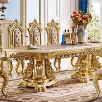 Ensemble de table à manger classique antique en bois massif sculpté à la main avec finition en feuille d'or de haute qualité 2022