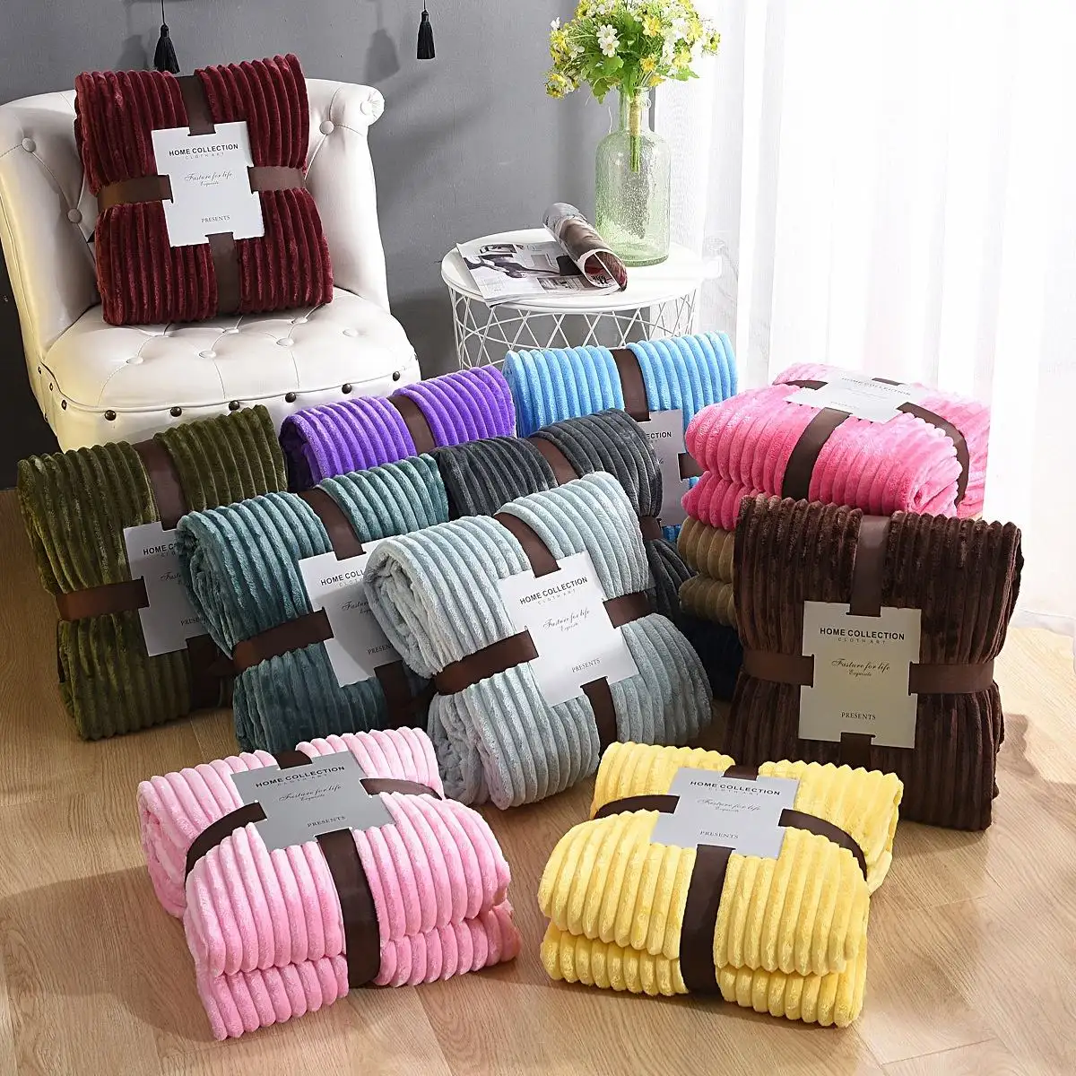Cheap Top Quality Super Soft Stripe Design Pure Color Home Luxury Throw Blankets Blanket Quality Blanket for Winter