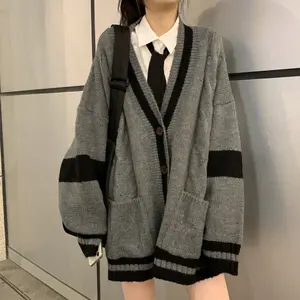 Yeni üretici doğrudan satış moda tasarım sonbahar v yaka gevşek örgü pamuk hırka kız kazak ceket