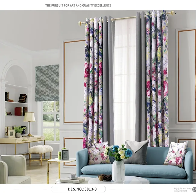 Factory supply high grade linen blackout floral paint living room curtain