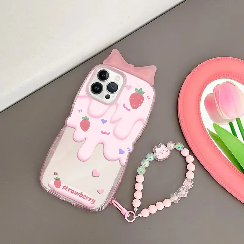 Coque de téléphone en TPU transparent avec motif de nœud mignon, crème à la fraise, impression UV, pour Iphone 13 14 Pro Max, avec sangle, nouvelle collection 2023