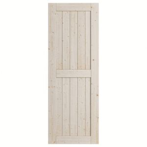Puerta corrediza de madera de granero de fibra de vidrio, losa con paneles de madera de pino macizo sin terminar, 30x84 pulgadas, FSC & BSCI Factory - Product Image 1
