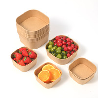 Bol à salade carré en papier kraft écologique jetable, plusieurs tailles, biodégradable, compatible micro-ondes, avec couvercle, MOQ 300 pièces, fabriqué en usine au Shandong