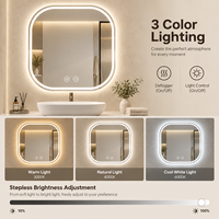 Miroir de salle de bain LED carré arrondi avec éclairage 3 couleurs, gradation progressive, anti-buée et commande tactile double