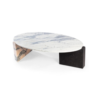 Table basse minimaliste en marbre sculpté, plateau elliptique, pieds en pierre taillée, pièce maîtresse pour la maison