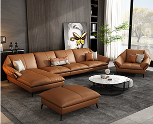 Sofá de Cuero para Sala de Estar, Estilo Minimalista, Asiento Cómodo y Amplio, Color Naranja Crepúsculo, Configuración 1+3+Chaise Longue - Product Image 1