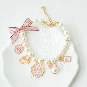 Pet Bow Pearl Collar Cat Jewelry Pendant Princess Necklace Dog Sweet Decorations Puppy Rhinestone Collar Chihuahua Accesorios