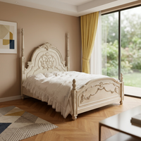 Lit double vintage de style français avec colonnes romaines sculptées, cadre en bois massif, couleur personnalisable, taille standard