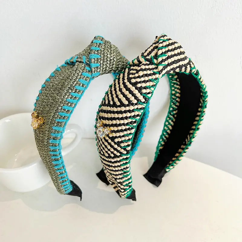 CLARMER Europe and America fashion Mixed color straw weaving hair accessory handmade custom wide crystal knot headband