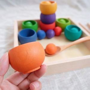 Montessori Solid Wood Color Matching Colorful Ball Bowl Sorting Trainer Rainbow Wooden Color Set Children's Room <b>Decoration</b> - Product Image 3