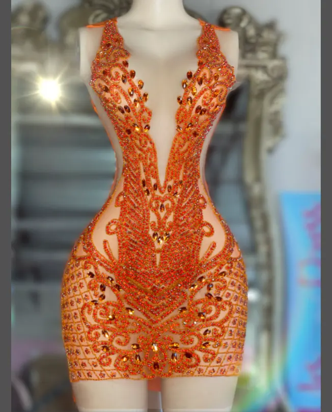 Orange Halter Backless Mini Vestido Curto Hot Sexy Luxury Party Dresses Night Club Cristal V Neck Birthday Dress