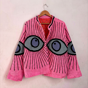 เสื้อแจ็คเก็ตผ้าฝ้ายปักลายซูซานีสีชมพูสไตล์โบฮีเมียน พร้อมลายตาปีศาจ แขนยาว คอตั้ง ทำมือ เสื้อคลุมสำหรับฤดูใบไม้ร่วง - Product Image 1