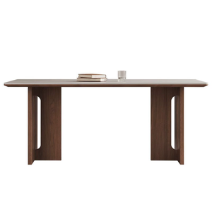 Mesa de Comedor de Madera de Estilo Vintage con Tablero de Travertino, Mesa de Comedor Rectangular de Madera Maciza Color Nogal, Juego de Mesa y Sillas - Product Image 5