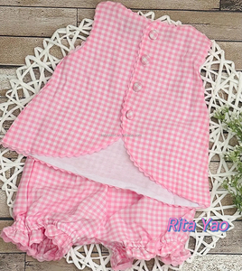 Set Estivo per <span class=keywords><strong>Bambina</strong></span> con Gonna a Balze Rosa a Quadretti e Bretelle, Set con Grembiule e Pannolino per Neonata, Abbigliamento Personalizzato per <span class=keywords><strong>Bambina</strong></span> - Product Image 2