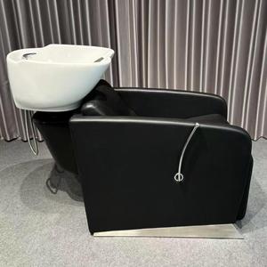 Fauteuil de lavage moderne noir pour salon de coiffure, unité de lavabo en cuir PU avec cuvette en céramique, station de lavage de cheveux professionnelle - Product Image 3