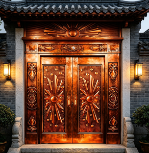 Porte d'entrée principale de villa ou de manoir, moderne et luxueuse, en acier inoxydable décoratif, double porte de sécurité avec finition en cuivre rouge - Product Image 3