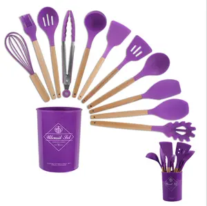 Utensílios de cozinha espátula de silicone, kit de utensílios de cozinha com 12 peças em 1, utensílios de cozinha, ferramentas de cozinha com alças de madeira