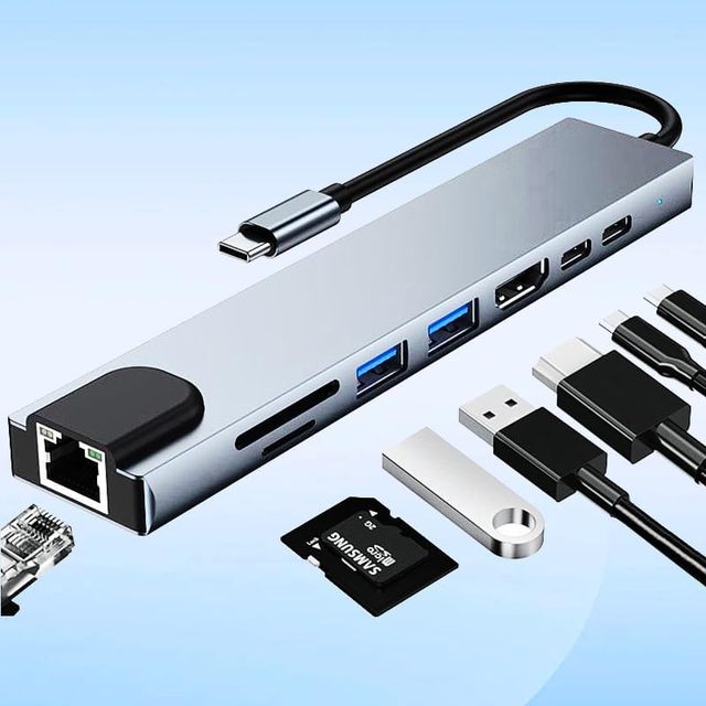 8-in-1 Multiport Hub Laptop Docking Station Adapter with 4K HDTV RJ45 Ethernet PD USB 3.0/2.0 USB-C Data Port SD/TF for Macbook