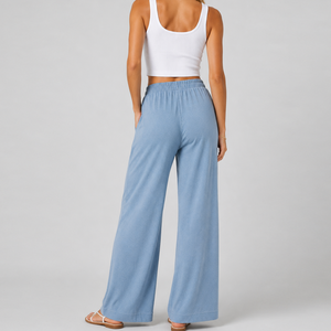<span class=keywords><strong>Pantalon</strong></span> palazzo bleu pour <span class=keywords><strong>femme</strong></span>, taille élastique, jambe large, <span class=keywords><strong>pantalon</strong></span> de détente pour resort, OEM personnalisé - Product Image 2