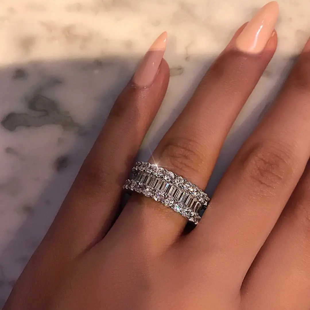 Luxury Bling S925 3 righe Cubic Zirconia Finger Rings 925 Sterling Silver Full Square Diamond CZ fedi nuziali per donna uomo
