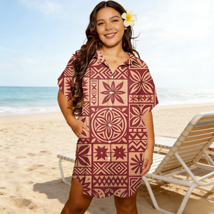 Vestido Camisero Midi Sexy Personalizado <span class=keywords><strong>con</strong></span> Estampado Tapa Hawaiano de las Islas del Pacífico, Impresión Bajo Demanda, Mini Vestido Hawaiano para Mujer a la Moda - Product Image 1