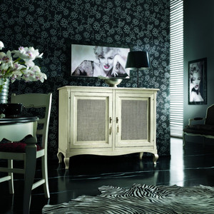 Moderna credenza a 2 porte con inserto in paglia di Vienna serigrafia in legno massello di Mango per l'arredamento della casa per il soggiorno - Product Image 1