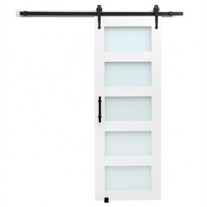 Porte coulissante intérieure en panneau MDF avec verre dépoli, 30 x 84 pouces, avec kit de quincaillerie, style ferme - Product Image 1