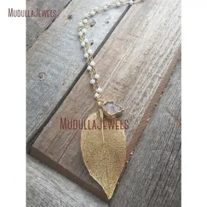 NM23853 White Crystal Druzy Rosary Chain Natural Agate Beaded Necklace Gold Plated Leaf Leaves Unique Boho Chic Jewelry Gift