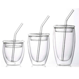 Gobelet en verre à double paroi avec couvercle et paille, vaisselle isolante pour café, thé, jus, cola, usage domestique, couleur unie YH 346 - Product Image 4