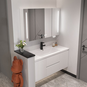 Mueble de Baño Moderno Minimalista de Pared con Lavabo de Cerámica Integrado, Espejo LED Inteligente y Almacenamiento con Múltiples Cajones para Contemporáneo - Product Image 5