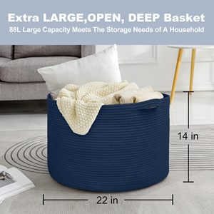 Dark Blue <b>Basket</b> for Organizing 22" X 14" Extra <b>Large</b> Woven Cotton Rope Laundry <b>Basket</b>, Blanket <b>Storage</b> for Living Room Bedroom - Product Image 3