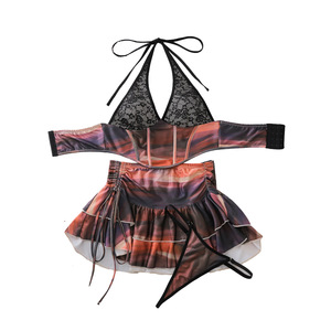 Completo intimo modellante da donna sexy a 3 pezzi con gonna, body e reggiseno a collo alto in pizzo traforato a contrasto colore, nero <span class=keywords><strong>S</strong></span> <span class=keywords><strong>M</strong></span> L - Product Image 5