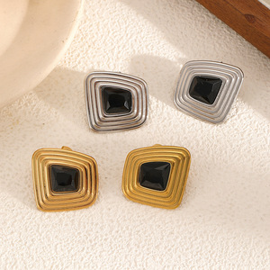 Geometric <b>Stud</b> <b>Earrings</b> With <b>Black</b> Stone Bezel Setting For Women Party Fashion Jewelry Silver And Gold Tone - Product Image 3
