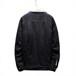 Veste en jean foncé pour homme avec doublure en polaire blanche, boutonnage frontal, coupe classique, vêtement d'hiver décontracté, couleur unie, détails surpiqués - Product Image 2