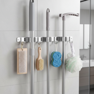 Space Saving Anti-Slip <strong>Wall</strong> Mounted Stainless Steel <strong>Mop</strong> and Broom Holder Garden Tool Organizer with Hooks for Garage Kitchen - Product Image 1