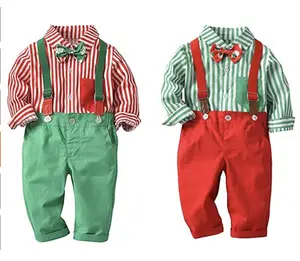 2024童装新款长袖红绿条纹衬衫上衣长裤男童圣诞服装套装KBCS-003