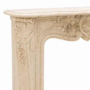 Chimenea tradicional de mármol con tallado ornamentado, de mármol beige Galala, para interiores, con estufa de leña para comedor. - Product Image 4
